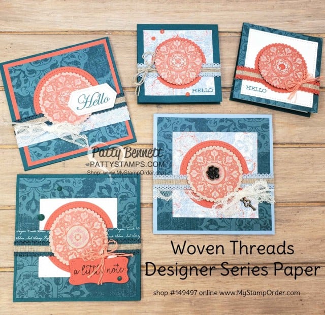 5 Square Card Ideas with Woven Thread paper Patty Stamps