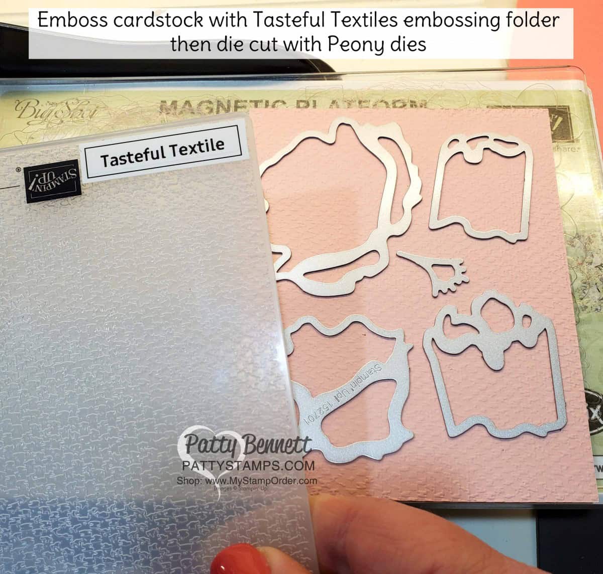 Peony Die with Tasteful Textiles Embossing Folder Patty Stamps